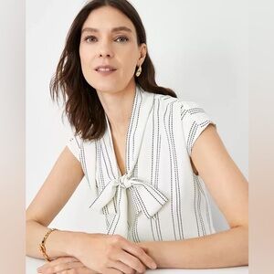 Ann Taylor White Striped Bow-Tie Blouse